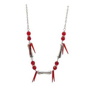 Red Silver Beaded Necklace With Geometric Accents And Chain No Clasp